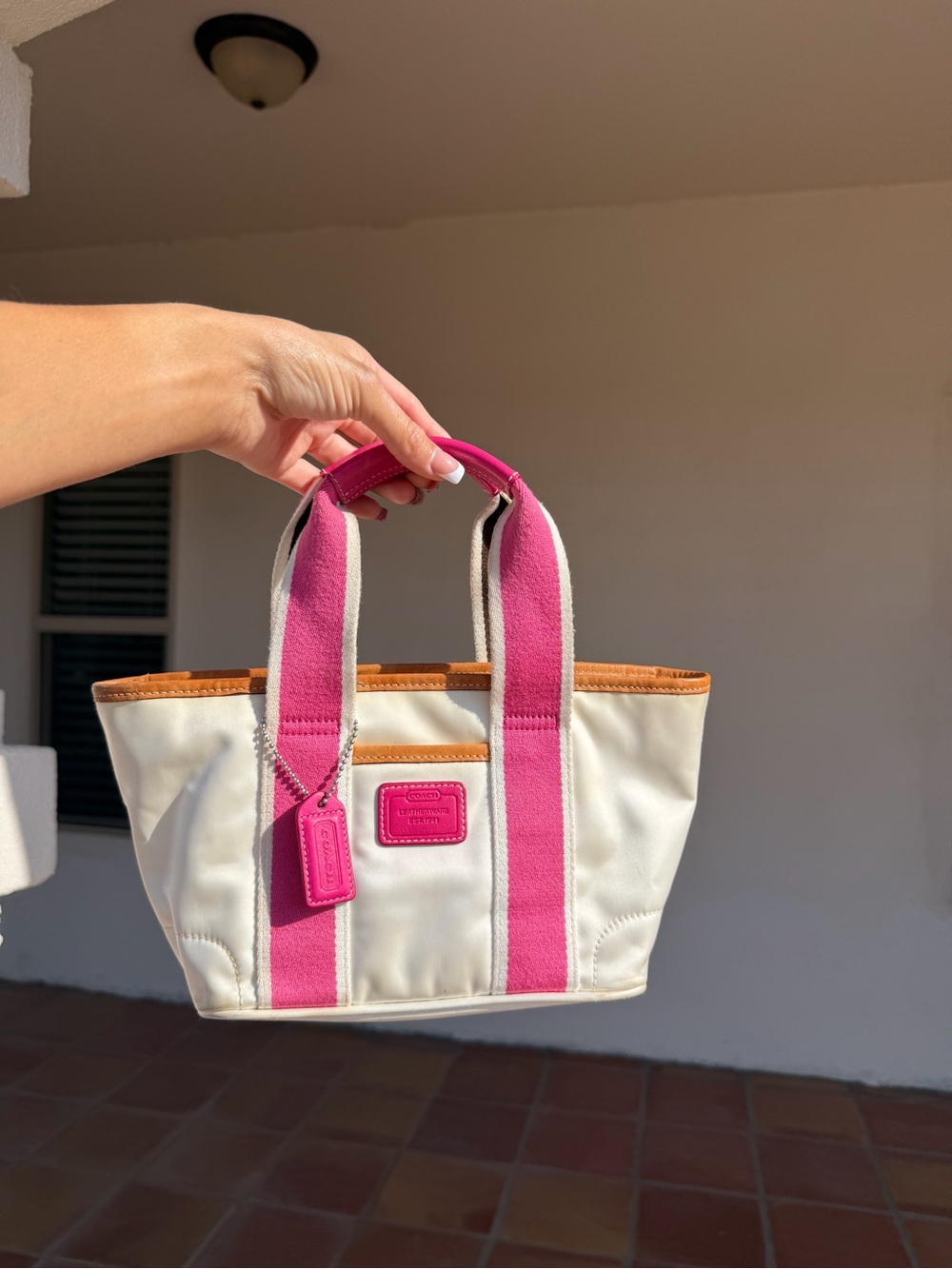 Coach Mini Hampton Cream Tote with Pink Straps and Tan Trim